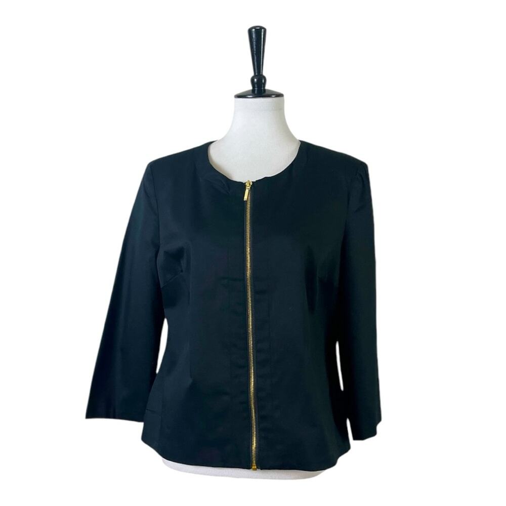 Dressbarn New Black Blazer Collarless 3/4 Sleeve Gold Zip Front Women Size Large